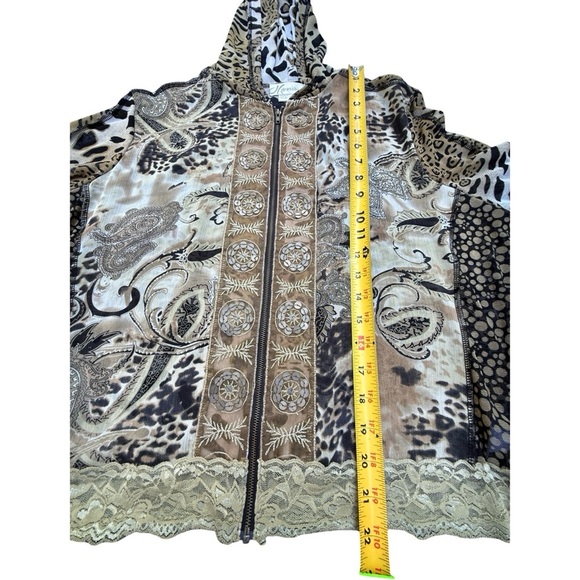 Y2K Sheer Mesh Hoodie L Leopard Mixed Print Lace Trim - Picture 4 of 7